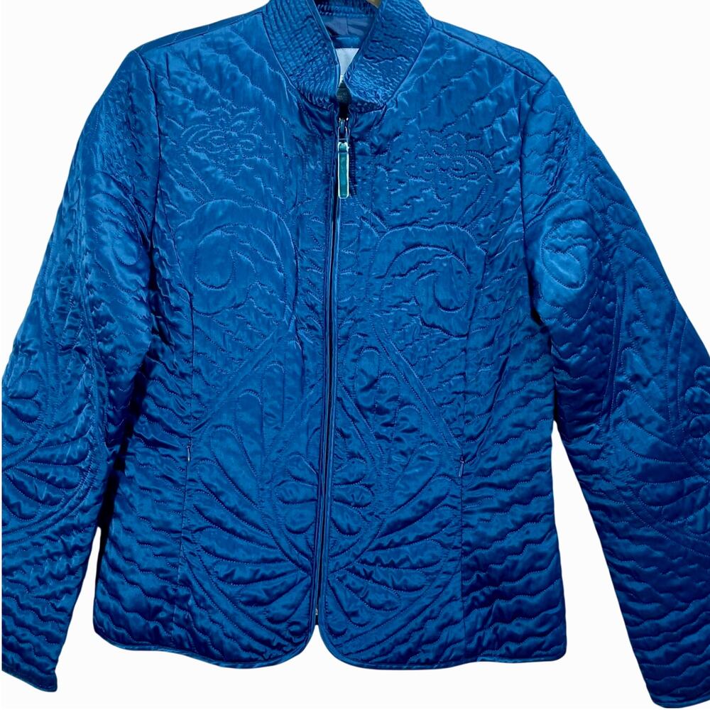 Nine West Floral Quilted Jacket Full Zip Women's Medium Textured Blue Boho Boxy